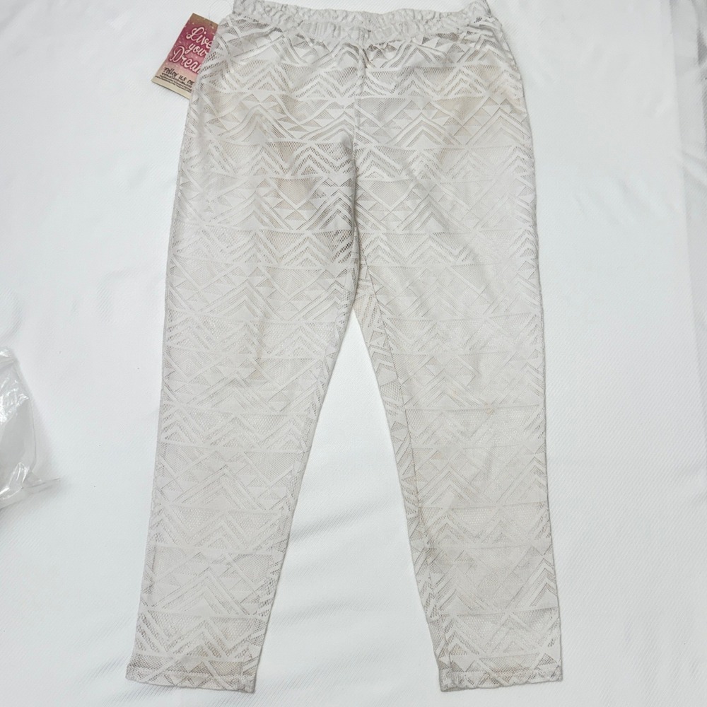 Live Your Dream Womens Mesh Geometric Chevron Print Pants Off White Cream NWT